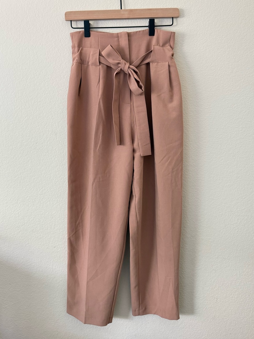 ASOS High-Waist Paperbag Tie-Waist Tapered Pants — Dusty Rose